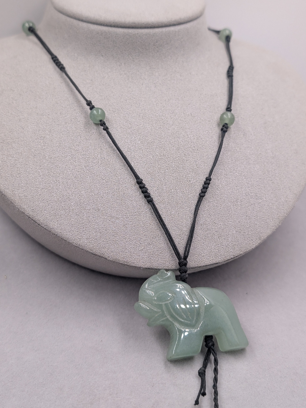 Carved pale jade Green Stone Elephant Pendant Adjustable Cord Necklace | M249